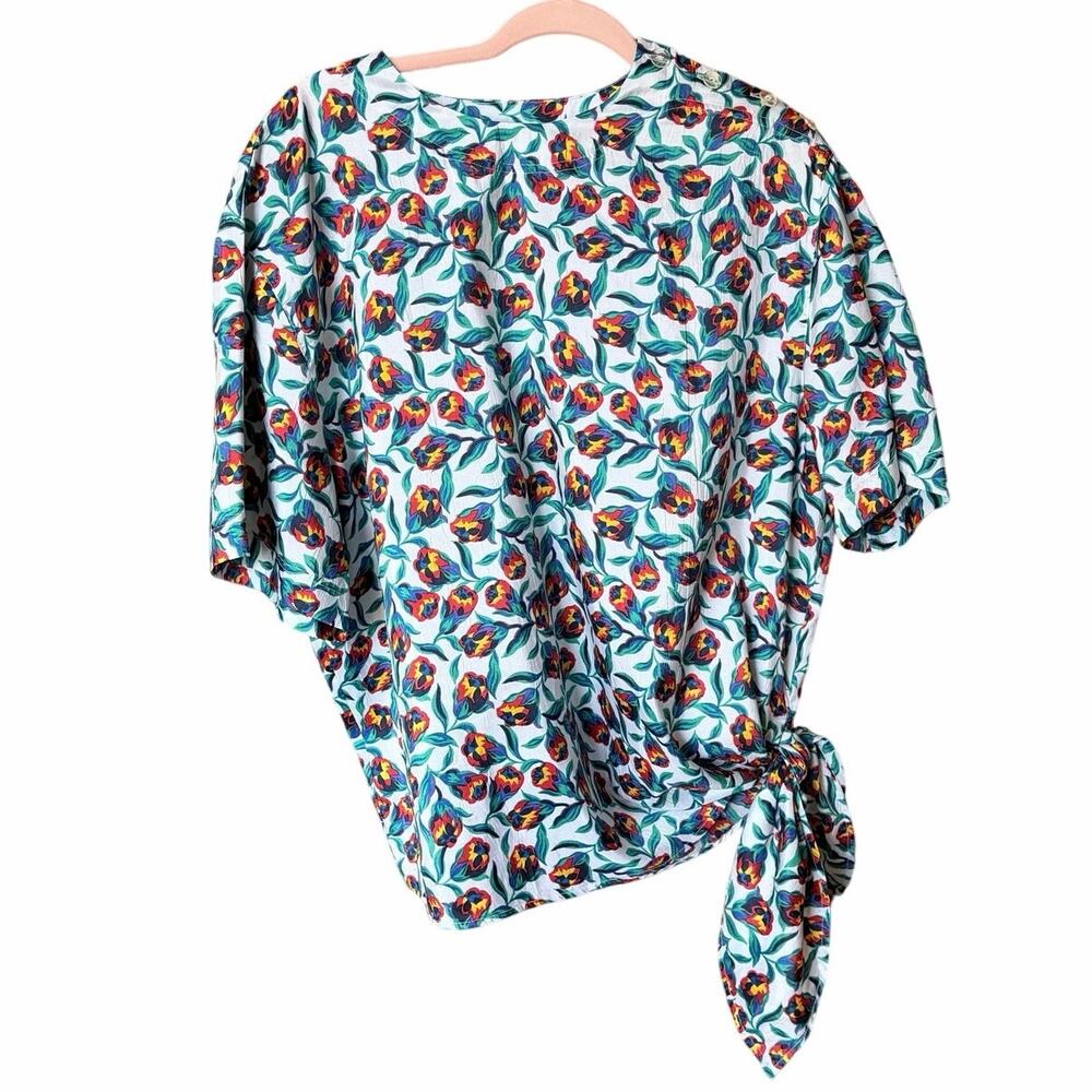 Vintage floral blouse with side tie plus size 1X shoulder buttons 80s career